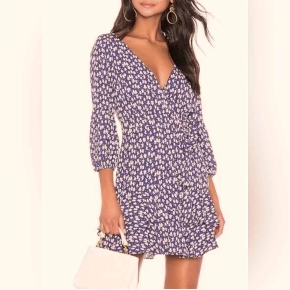 REVOLVE | Likely Harlow Floral Faux Wrap Casimira Mini Dress in Blueprint Multi